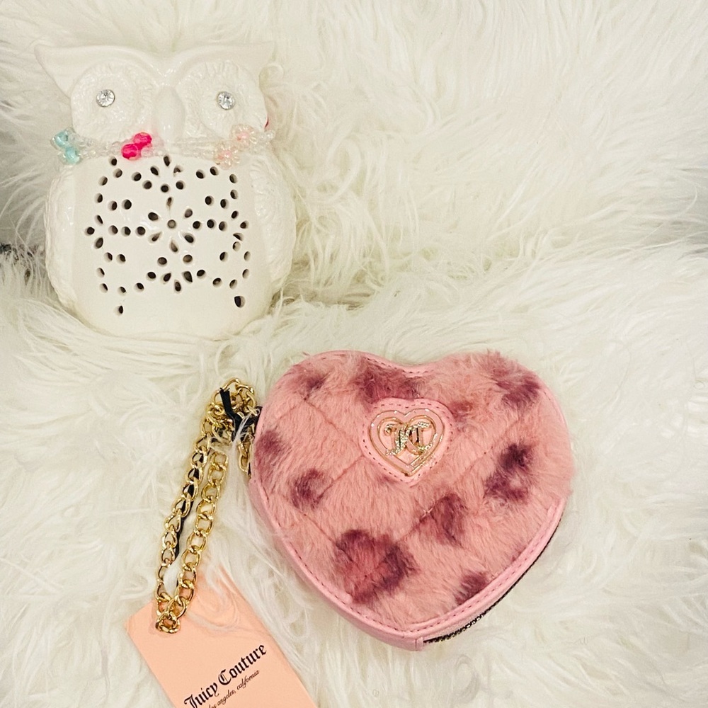 Juicy Couture Barbie Barbiecore Romantic Pink Faux Fur Leopard Heart wristlet